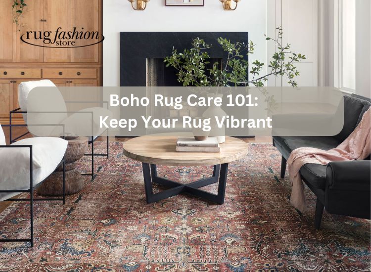 Close-up of a colorful Boho Rug in a bright living room