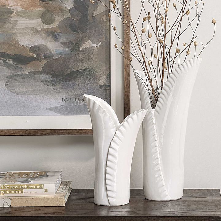 Uttermost Leafscape White Vases Set/2