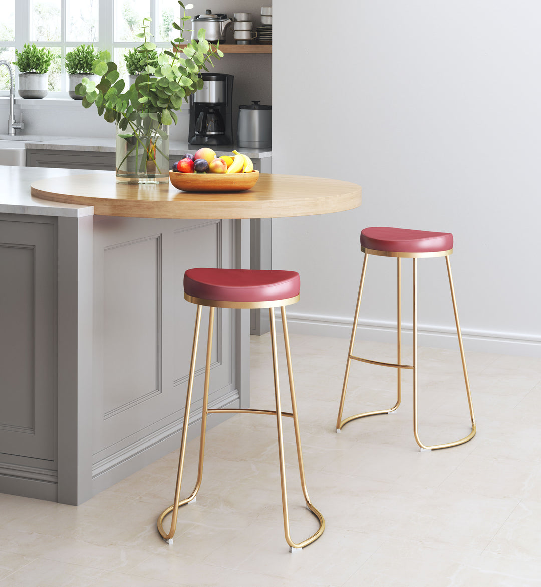 Zuo Bree Barstool (Set of 2) Burgundy & Gold